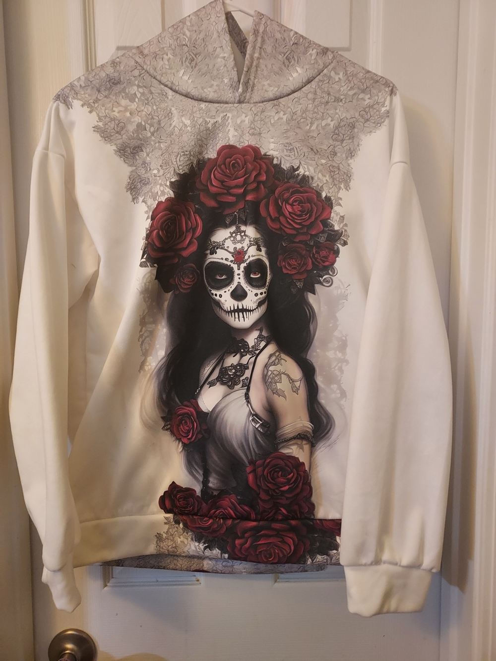 SHEIN White Hoodie with Red Rose Sugar Skull Girl Graphic